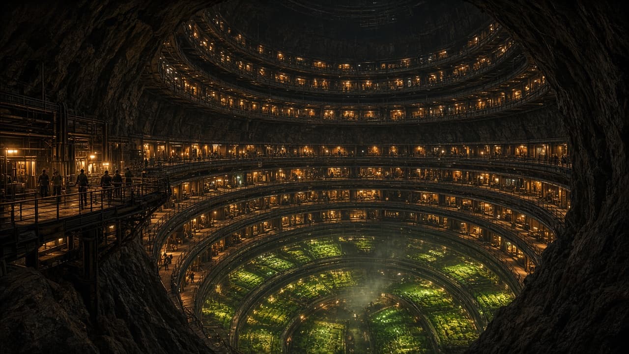 A vast underground cylindrical city with stacked residential rings and glowing farms